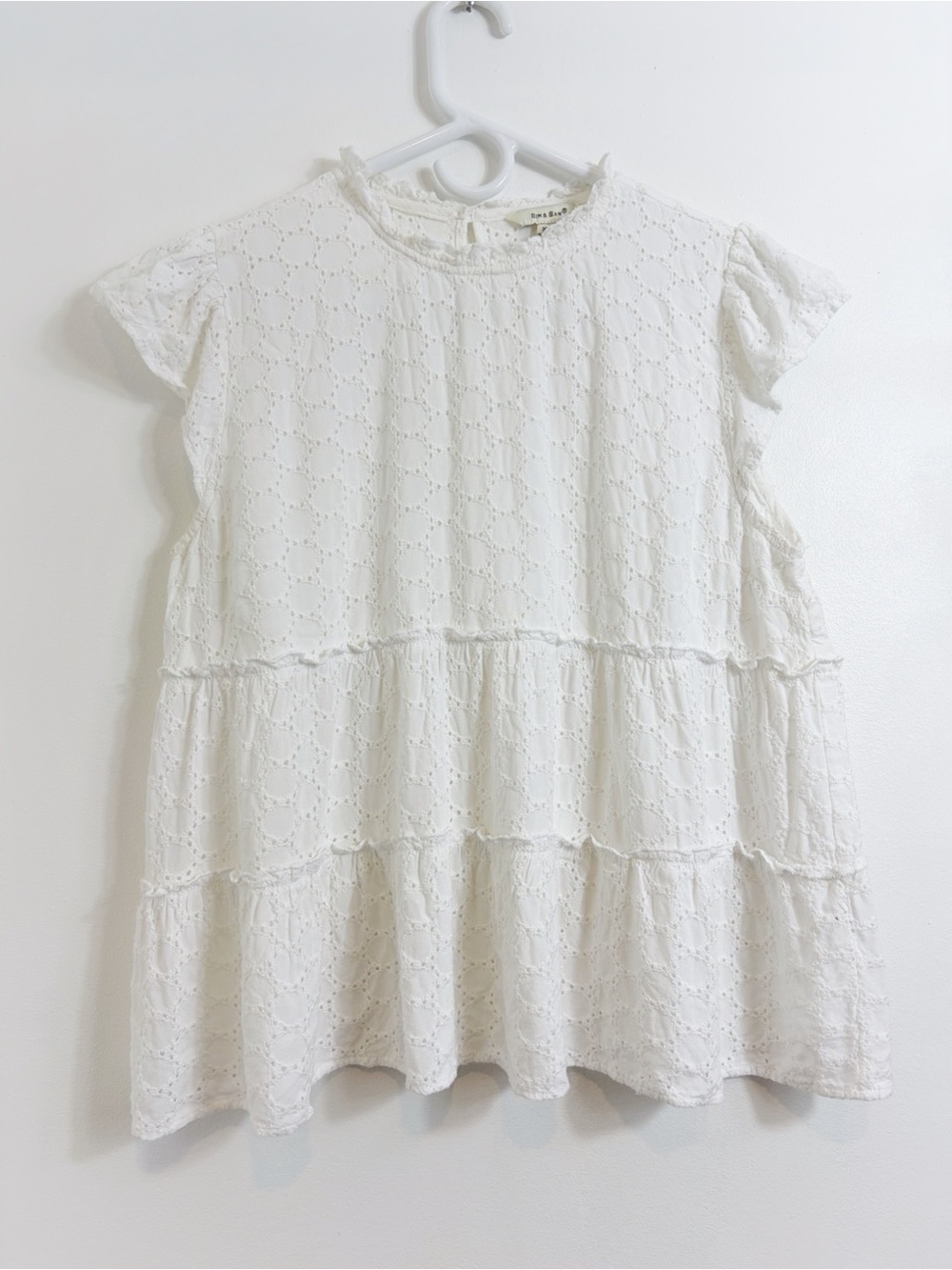 Anthropologie Sim & Sam Embroidered Eyelet Tiered Ivory Cottagecore Blouse FLAW